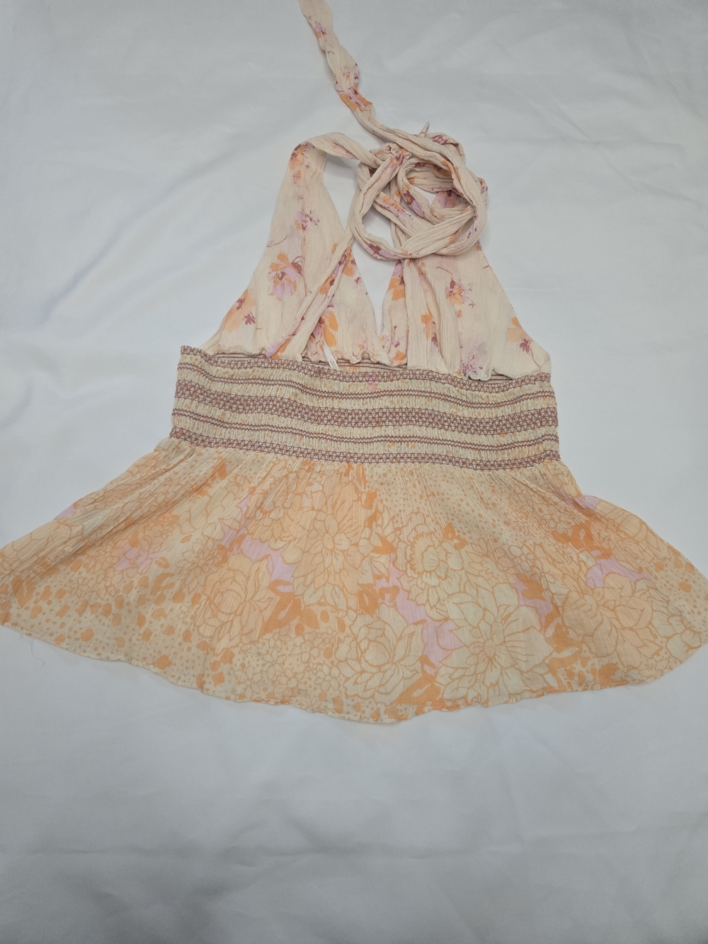 Free People Peach & Pale Pink Floral Halter Smocked Waist Cami